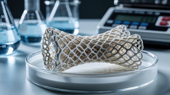 Biocompatible bone scaffold made via 3D printing sits in petri dish. Medical lab equipment surrounds innovative lattice structure. Tissue engineering research advances with futuristic implant