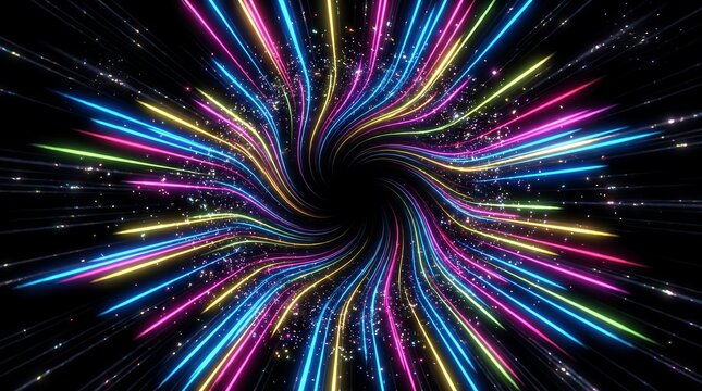 Abstract colorful light tunnel vortex with glowing particles and rays abstract particles colorful background connection