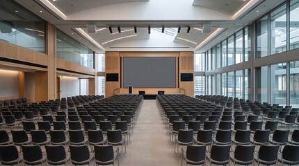 Naklejka premium Contemporary conference room with rows of empty chairs facing a large blank screen.