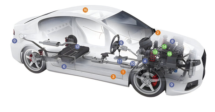 Technical diagram of a car engine and internal mechanical parts