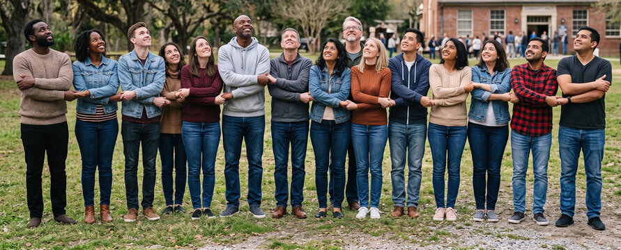 Diverse group of people linking arms in solidarity outdoors