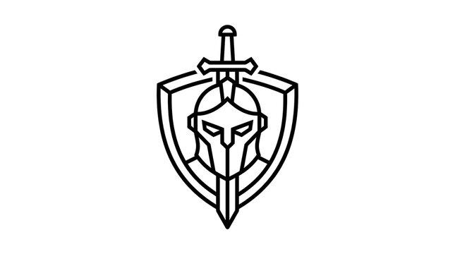 Spartan helmet logo featuring sharp geometric lines integrated with a royal sword shield emblem presented in black ink on white background