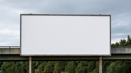 Obraz premium Blank Billboard Sign on Highway Overpass with Forest and Cloudy Sky Background