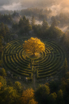 Aerial view of round hedge maze with golden tree at center
