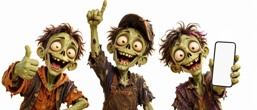  Set of three cute 3D cartoon zombie characters. Funny smiling monsters showing thumbs up, pointing finger up, and holding a smartphone with a blank screen mockup. Isolated on white background