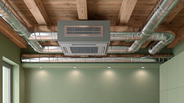 A modern air conditioning unit installed in a room with exposed wooden ceiling beams and ductwork