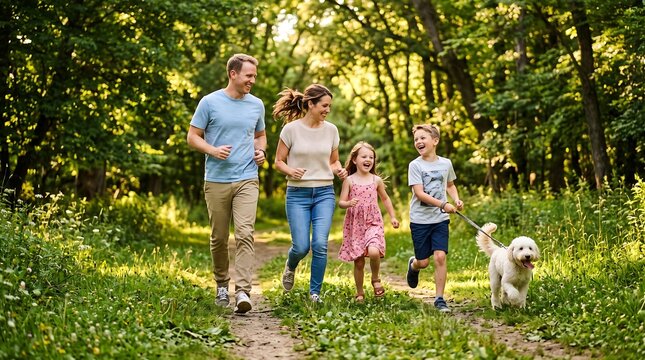 Happy family with two children and white dog jogging together on forest path in summer.