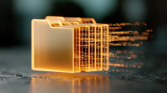 Abstract glowing digital data folders transferring information with glowing particles on a dark background