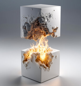 White geometric cube with fiery core is split, revealing flames and textured interior, symbolizing contained innovation and dynamic energy