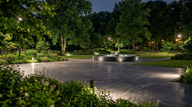 Beautiful illuminated garden park with water fountain at tranquil night