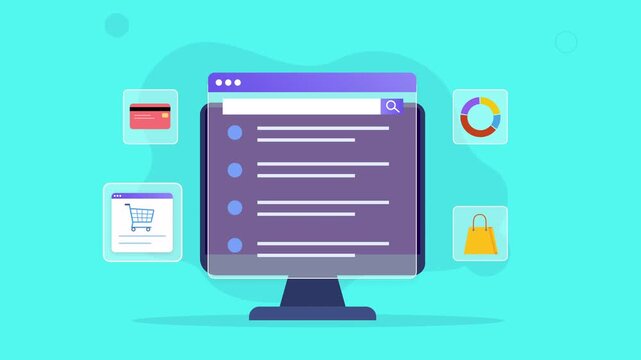 Flat vector animated desktop monitor displaying an ecommerce dashboard with shopping cart, payment card, analytics chart, and workflow interface. Ideal for retail, business, and technology motion grap