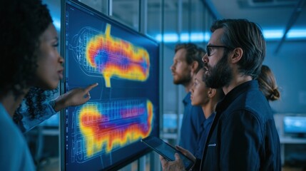 Fototapeta premium Diverse team of engineers analyzing thermal heat maps on a large digital display in a lab