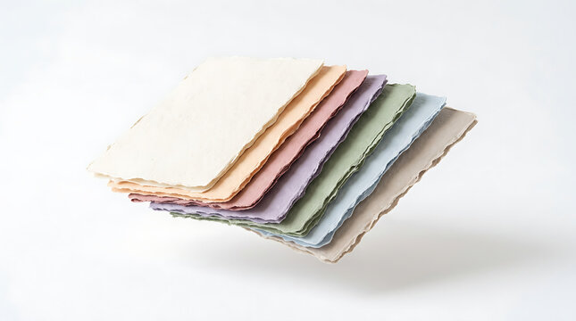 Stack of textured handmade paper sheets in pastel colors, natural craft material for invitations and art projects with rough deckled edges.