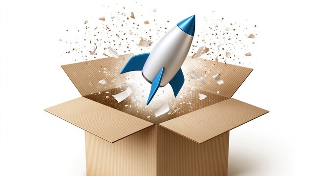 3D rendering of a rocket launching explosively out of an open cardboard box, symbolizing new beginnings and innovation