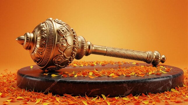 Golden gada mace lies on dark stone pedestal with scattered marigold flower petals. Traditional Hindu symbol of Lord Hanuman rests on orange background. Sacred weapon of strength, power for religious