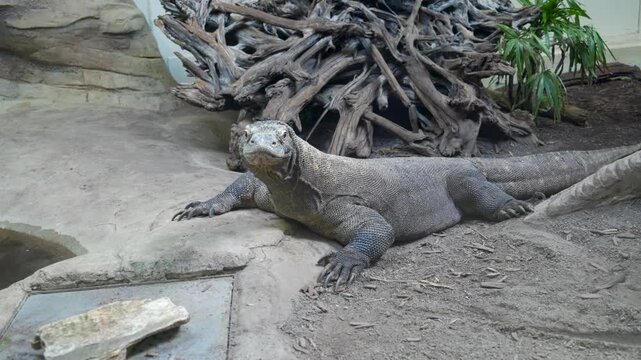Komodo dragon moving slowly, forked tongue flicking, showcasing rare reptile wildlife and textured scaly skin