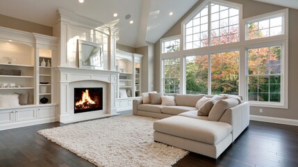 Obraz premium A modern living room with a fireplace and large windows overlooking a beautiful autumn landscape
