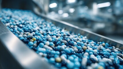 Fototapeta premium Closeup of colorful capsules on a conveyor belt in a pharmaceutical manufacturing facility