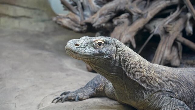 arge monitor lizard resting in zoo, muscular body and sharp claws capturing exotic reptile wildlife footage