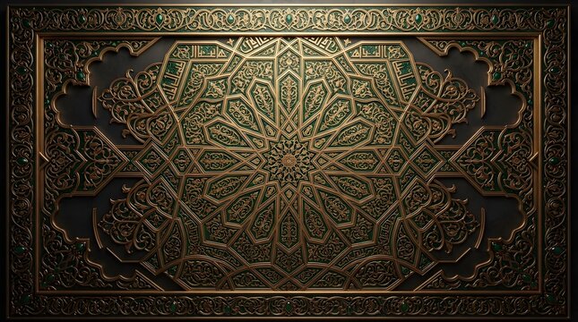Ornate islamic geometric pattern with gold and green detail