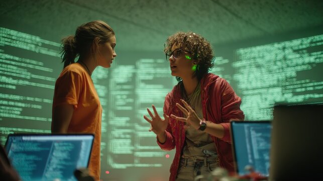Two women discussing in a dimly lit room with glowing green code on multiple computer screens