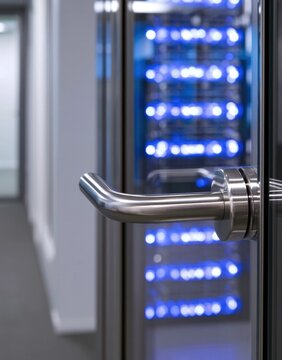 Polished metallic door handle in data center hallway