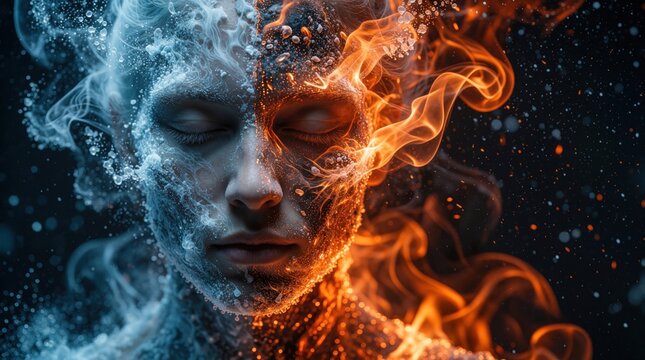 Abstract portrait shows woman face divided into ice, fire elements. Frozen blue vapor meets hot orange flames on female skin. Surreal digital art fusion represents contrast between cold calm soul,
