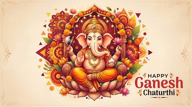 Vibrant ganesh chaturthi illustration with floral and geometric design