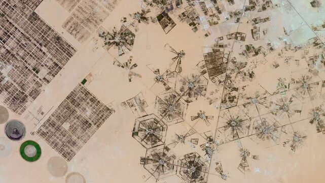 Panoramic top view of agricultural landscape in arid area. Camera is moving left. Animation based on image by NASA