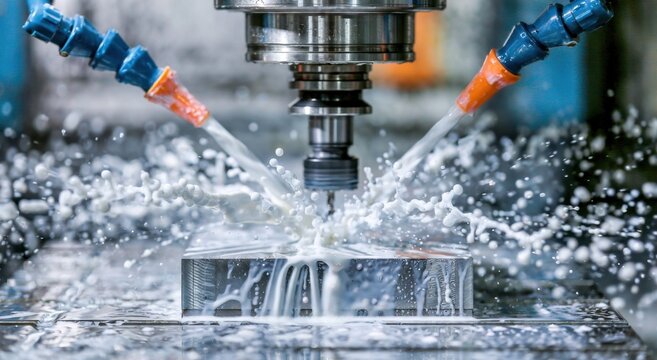 Precision cnc milling machine with coolant jets spraying on a metal workpiece during machining