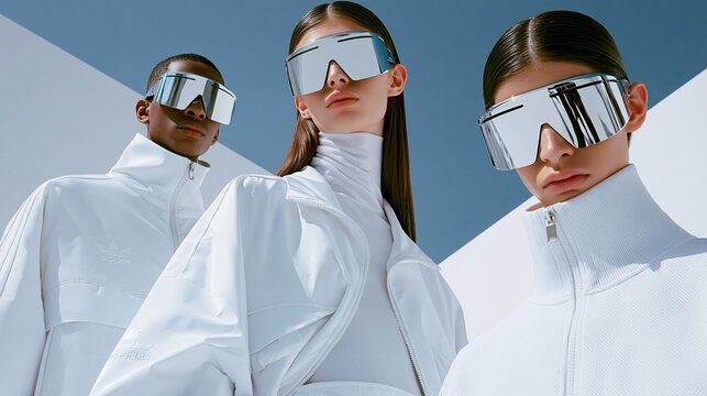 Futuristic fashion models wearing oversized mirrored sunglasses and white athletic wear against a minimalist backdrop