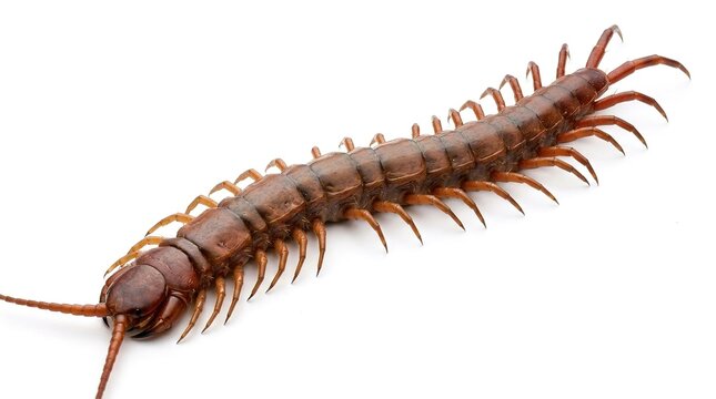 A detailed close up view of a brown centipede isolated on a white background.
