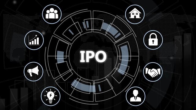 Dynamic ipo initial public offering digital interface featuring animated financial stock market growth charts, corporate investment strategy, business expansion concepts, and global capital market