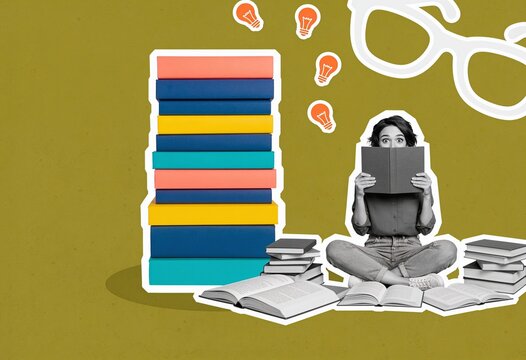 A curious young woman peers over a book she's reading, surrounded by stacks of colorful books and light bulb icons in a learning collage.