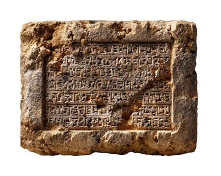 Ancient Inscribed Stone Tablet: A weathered, rectangular stone tablet bearing an inscription of ancient script, exhibiting signs of age and excavation.