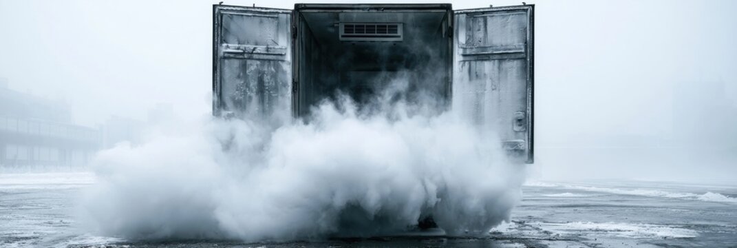 Rear view of a dark green refrigerated transport truck with open cargo doors releasing a large cloud of white vapor onto a wet surface