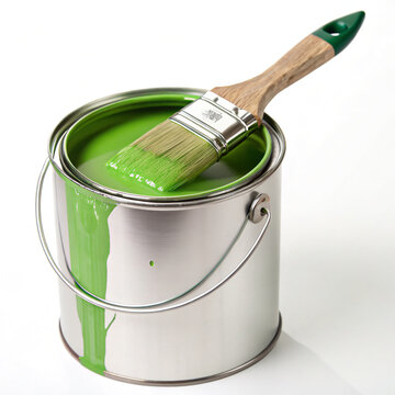 Open metal can filled with bright green paint and a professional clean paintbrush resting on its edge