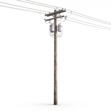 Wooden utility pole with transformers and power lines isolated on white background