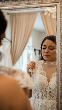Emotional young Caucasian woman crying with tears of joy while trying on her wedding dress in a bridal boutique mirror reflection