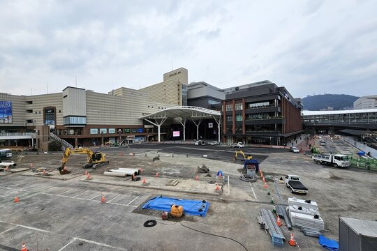 Nagasaki, Japan - November 16, 2023: Amu Plaza Nagasaki construction site view with machinery and modern architecture for professional travel concept background.