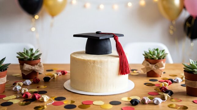 Celebration decorations, a playful black graduation cap cake topper with a silky red tassel