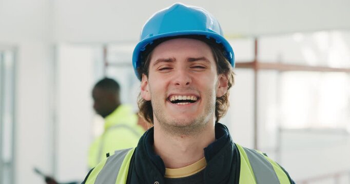 Face, engineer or happy man at office for construction, infrastructure development or laugh with ppe. Portrait, smile and funny contractor with safety helmet, building architect and career ambition
