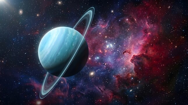 Fictional planet with rings in deep space surrounded by nebula clouds, astronomy