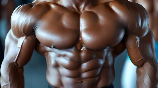 Close up of strong muscular bodybuilder chest and abdominal muscles perfect physical fitness sport