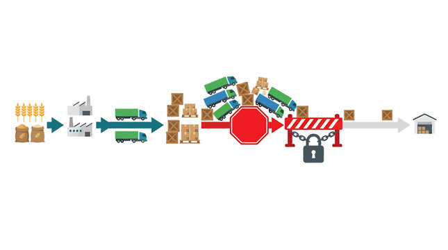 Supply chain disruption infographic vector, global logistics bottleneck with blocked cargo and stop sign, industrial distribution crisis concept