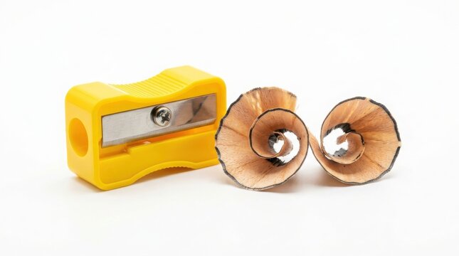 Bright yellow plastic pencil sharpener with two spiral wood shavings from a graphite pencil isolated on a clean white background surface