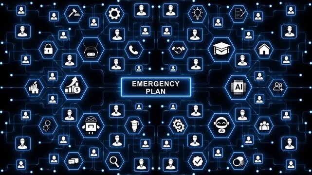 Emergency planning network animation concept with glowing data connections and technology icons, digital crisis response and preparedness strategy concept 4k motion.