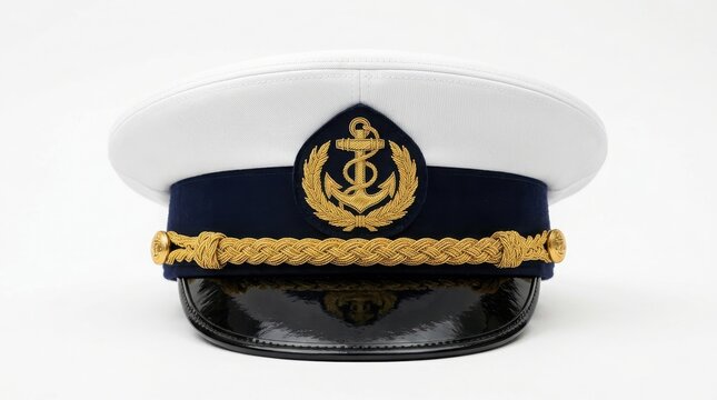 Navy blue and white captain hat with gold embroidered anchor emblem and braided cord detail isolated on a plain white background surface
