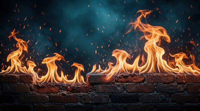 Bright orange flames rise above red brick wall. Fire sparks fly in dark air. Glowing heat burns on barrier surface. Visual metaphor for digital firewall security, network protection against cyber