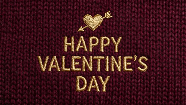 Happy Valentine's Day embroidered on chunky knitted sweater texture, cozy handmade macro design &mdash; perfect for greeting cards, holiday decor, and Valentine's Day branding